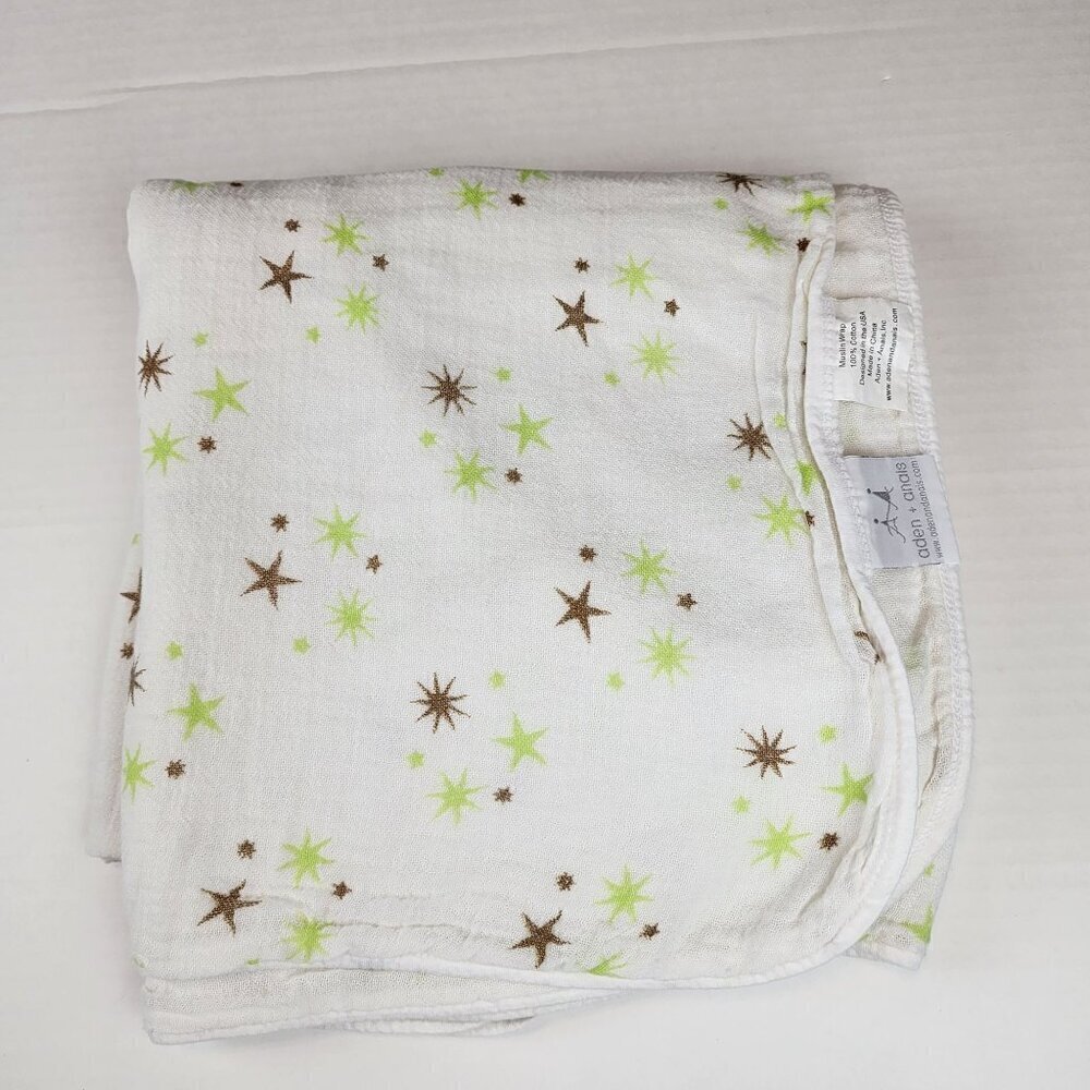 Aden + Anais cotton muslin wrap baby boy girl green brown stars Blanket
